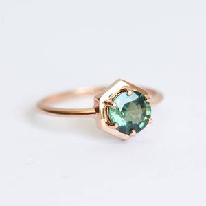 Teal Sapphire Ring, Sapphire Engagement Ring, Teal Blue Sapphire Ring, Rose Gold Sapphire Ring, Hexagong Ring, Simple Engagement Ring image 2