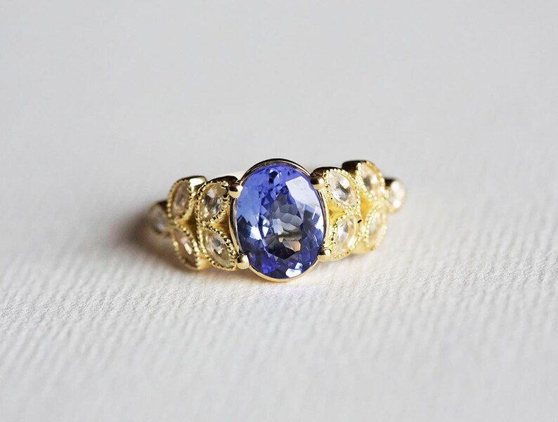 Oval Engagement Ring, Tanzanite Ring, Petal Ring, White Sapphire Ring image 3