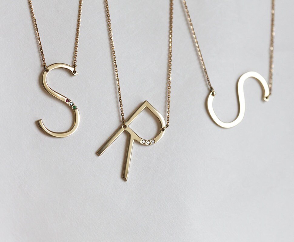 Solid Gold Initial Necklace Large Gold Initial Necklace