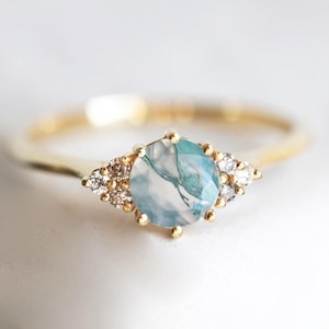 Moss agate engagement ring, Salt & pepper diamond ring, Rustic green cluster