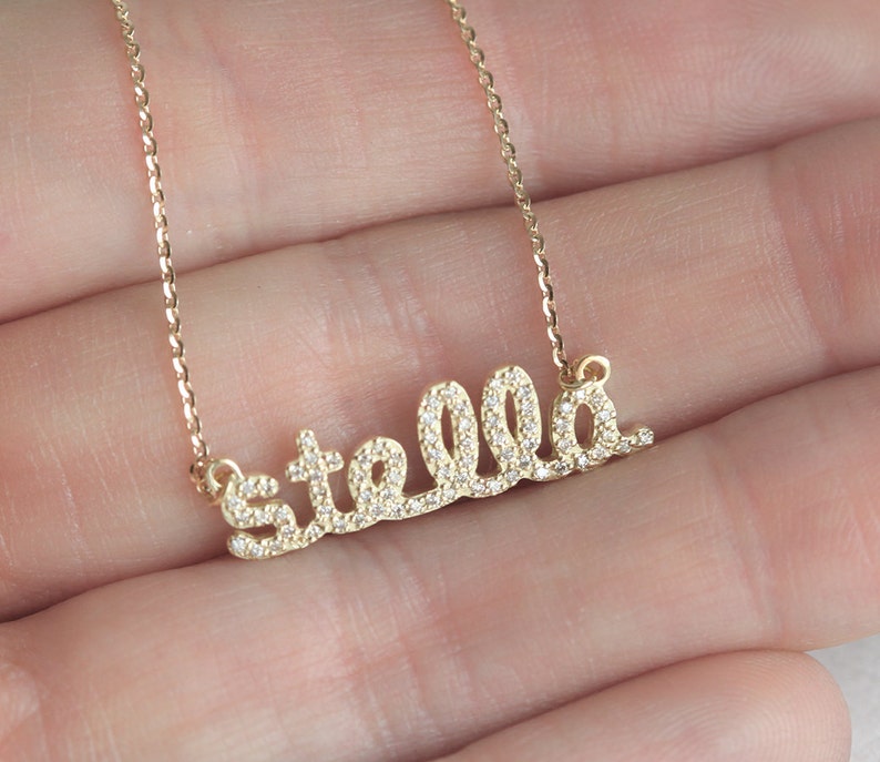 Name Necklace with Diamonds in 14k Solid Gold, Choose Your Number of Letters, Perfect Gift For Her, Mom Necklace image 2