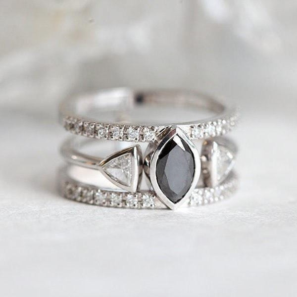 Marquise Black Diamond Engagement Ring Set: 14k Gold Trillion Diamond Wedding Band