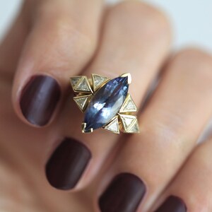 Art deco Tanzanite Engagement ring, Tanzanite diamond ring, Unique trillion diamond ring image 6