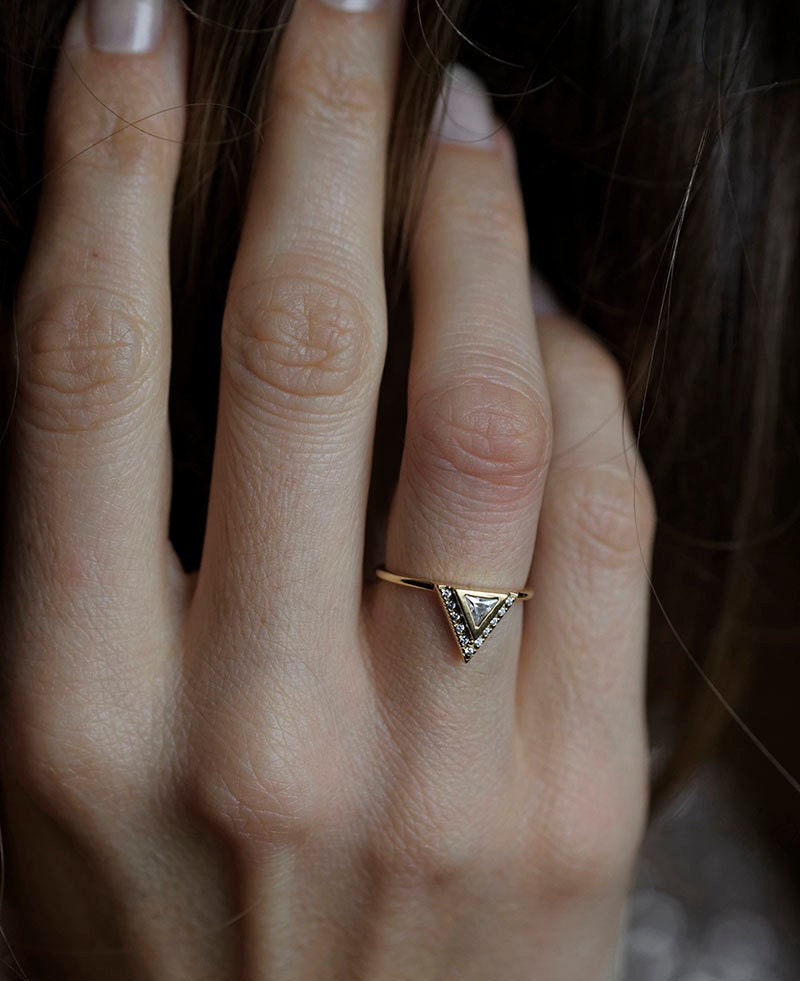 Triangle Diamond Engagement Ring Trillion Diamond Band Modern