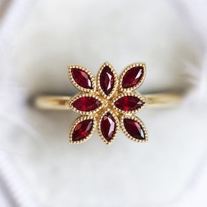 Anillo de rubí natural marquesa, anillo de rubí estilo vintage, anillo de compromiso con rubí en oro amarillo