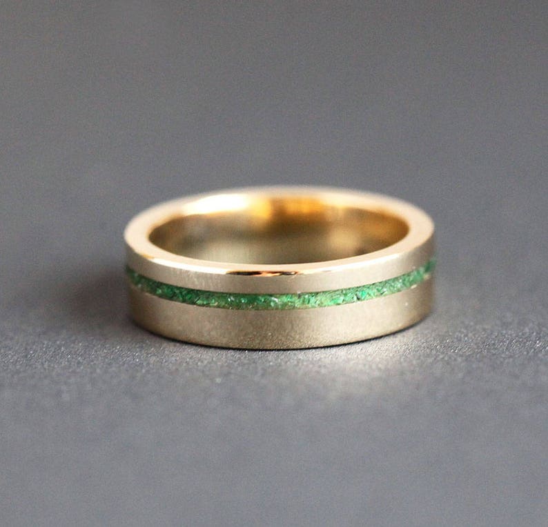 Mens Wedding Band Emerald Inlay Ring Green Unisex Ring Gold | Etsy