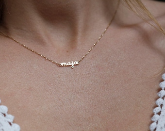 14k gold name necklace, Extra tiny necklace, 18k initial necklace, Solid gold nameplate necklace
