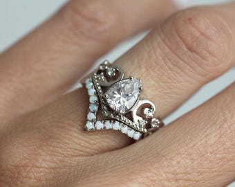 Vintage Pear Moissanite Ring Set: Opal Band, White Gold Bridal Ring