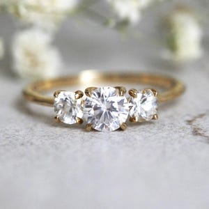 Round Moissanite Engagement Ring, Moissanite Sapphire Ring Engagement Yellow Gold Three Stone Ring