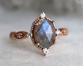 Labradorite Ring, Oval Labradorite Diamond Ring 14k 18k Gold