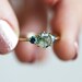 Moss agate engagement ring, Teal green ring, Alternative three stone ring unique