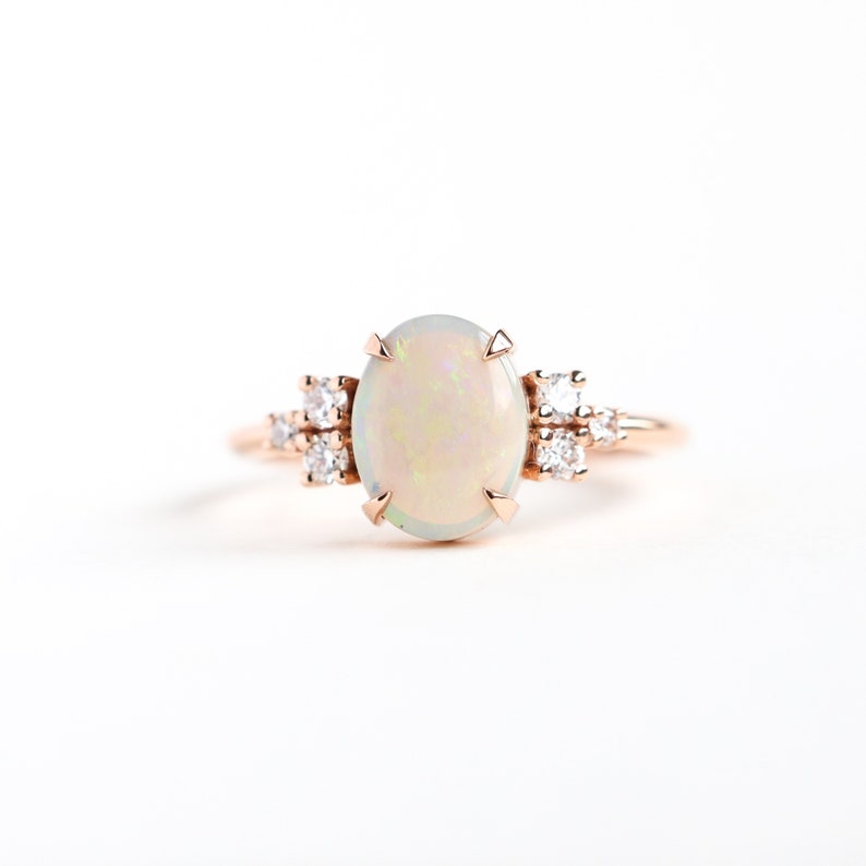 Oval Opal Ring, Opal Ring With Diamonds, Opal Diamond Ring, Diamond Engagement Ring with Opal, Mixed Metals Engagement Ring image 1