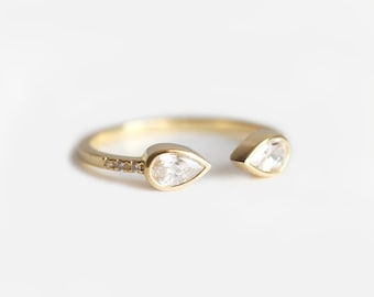 Double White Diamond Pear Open Band in 14k or 18k Solid Gold, Matching or Nesting Wedding Band