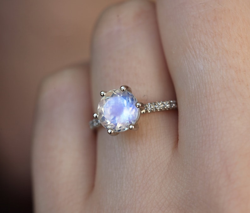Moonstone engagement ring, Rainbow moonstone & diamond ring, Round solitaire, Pave wedding ring image 8