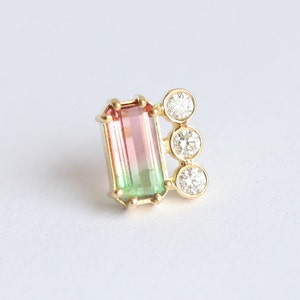 Watermelon tourmaline earrings, Diamond stud, Green & pink earring, Unique baguette studs image 4