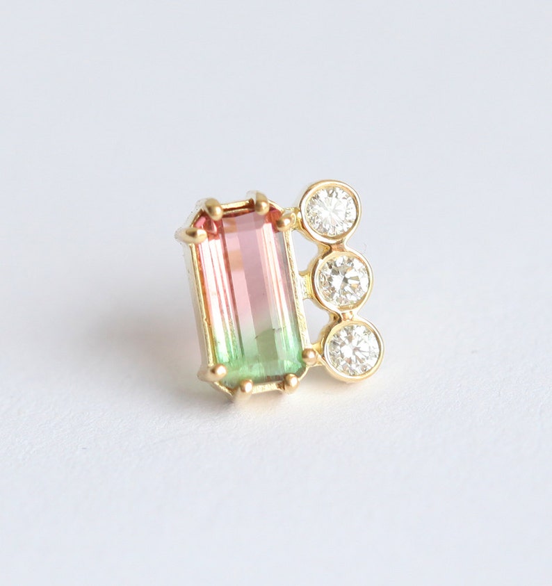 Watermelon tourmaline earrings, Diamond stud, Green & pink earring, Unique baguette studs image 4