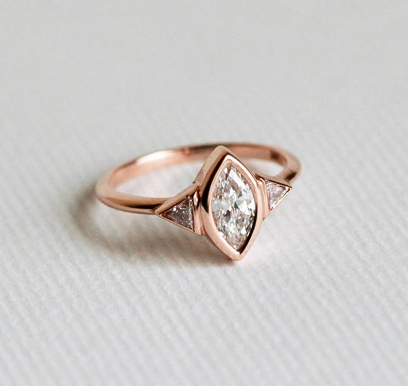 Rose Gold Diamond Engagement Ring, Three Stone Engagement Ring, Marquise Diamond Ring, 18k Solid Gold image 1