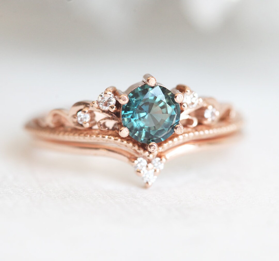Teal Sapphire Engagement Ring, Round Antique Wedding Diamond Set