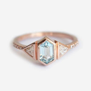 Aquamarine & Diamond Engagement Ring: Rose Gold Hexagon Cut