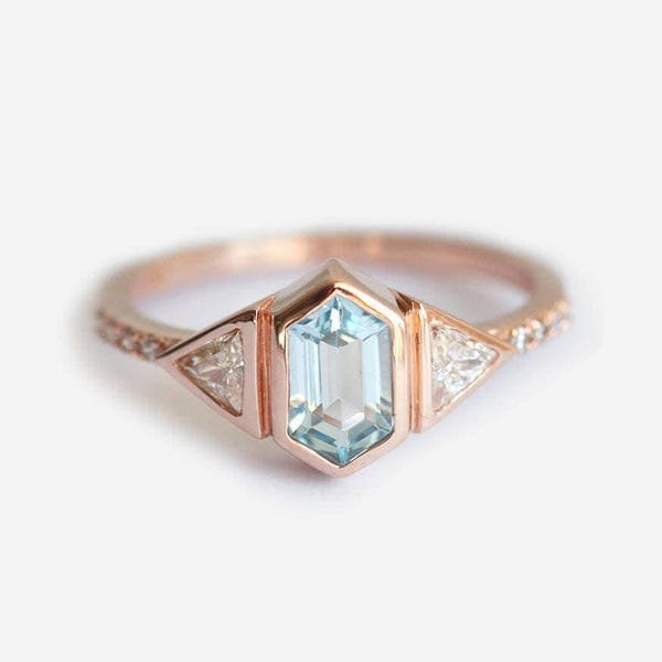 Aquamarin & Diamant Verlobungsring: Rosegold Hexagon Cut