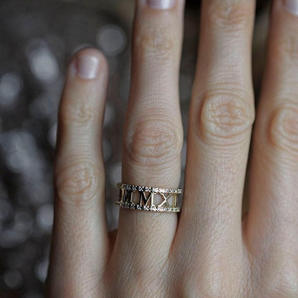 18k Gold Diamond Roman Numeral Ring - Eternity Wedding Band