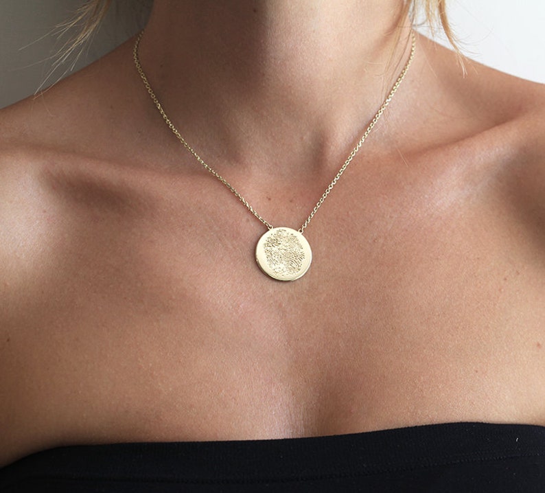 Actual fingerprint necklace, Solid gold, or silver thumb print necklace, Custom memorial disc necklace image 1