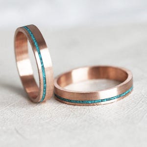Turquoise wedding band set, Matching rose gold inlay ring set, Mens & womens wide bands, Blue inlay rings