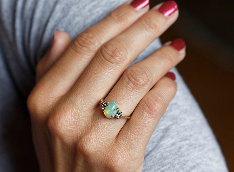 Oval Opal Ring, Opal Ring With Diamonds, Opal Diamond Ring, Diamond Engagement Ring with Opal, Mixed Metals Engagement Ring image 4