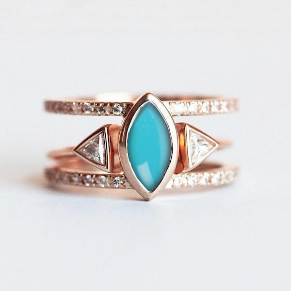 Turquoise Diamond Ring Set: Bohemian 14k Gold Wedding Rings