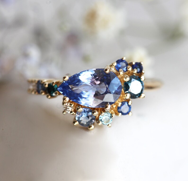 Pear Blue Sapphire Engagement Ring Pear Sapphire Cluster Etsy