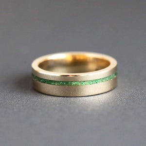 Mens wedding band, Emerald inlay ring, Green unisex ring, Gold man engagement band