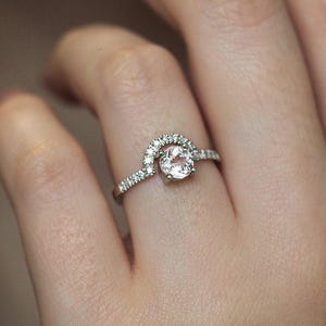 Morganite Diamond Halo Ring: 14k Gold Half Eternity Band