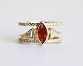 Ruby Ring Set, July Birthstone, Engagement triangle Diamond Ring, Marquise Bridal Wedding set,