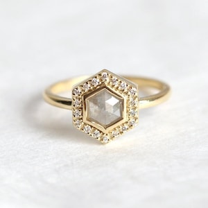 Halo Diamond Hexagon Salt Pepper Diamond Engagement Ring, Hexagon salt pepper diamond ring