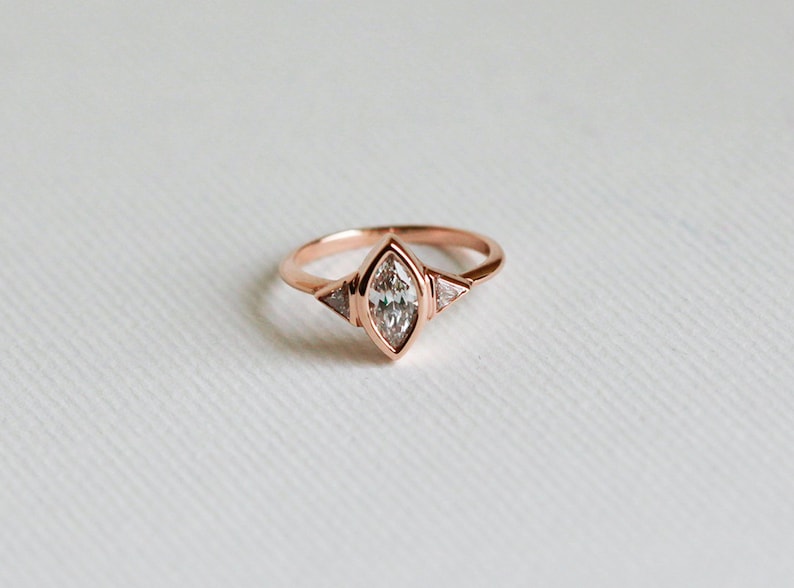 Rose Gold Diamond Engagement Ring, Three Stone Engagement Ring, Marquise Diamond Ring, 18k Solid Gold image 4