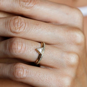 Diamond Wedding Ring Set With Trillion Diamond, Wedding Eternity Ring, Trillion Diamond Set, Yellow Gold Wedding Ring Set image 1