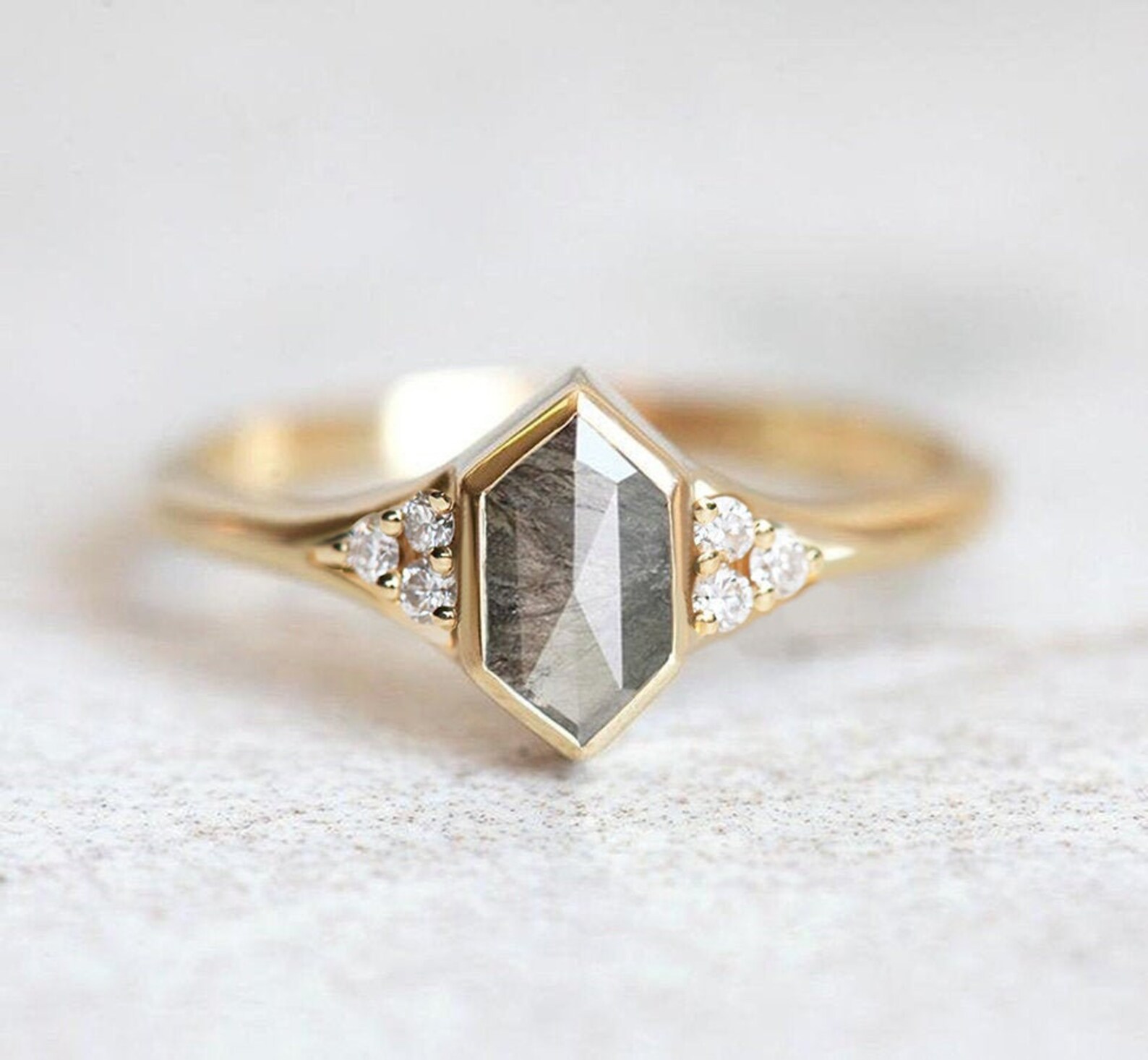 Hexagon Diamond Ring Salt and Pepper Diamond Ring Three Etsy