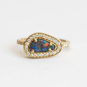 Asymmetrical Australian Black Opal and Diamond Halo Ring in 18k Solid Yellow Gold, One of a Kind Ring with a Bezel Setting