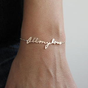 Aangepaste handschriftarmband, gepersonaliseerd cadeau voor vrouw, zilveren kenmerkende armband, armband met naamplaatje