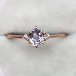Lavender sapphire ring, Purple engagement ring, Violet pear ring, Simple diamond ring