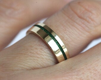 Mens Wedding Band Emerald Inlay Ring Green Unisex Ring Gold Man