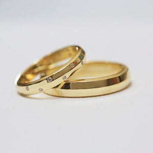 Gold Diamond Wedding Ring Set For Her & Him in 14k or 18k Gold, 3mm and 4mm Wide Bands, Anniversary Rings image 1