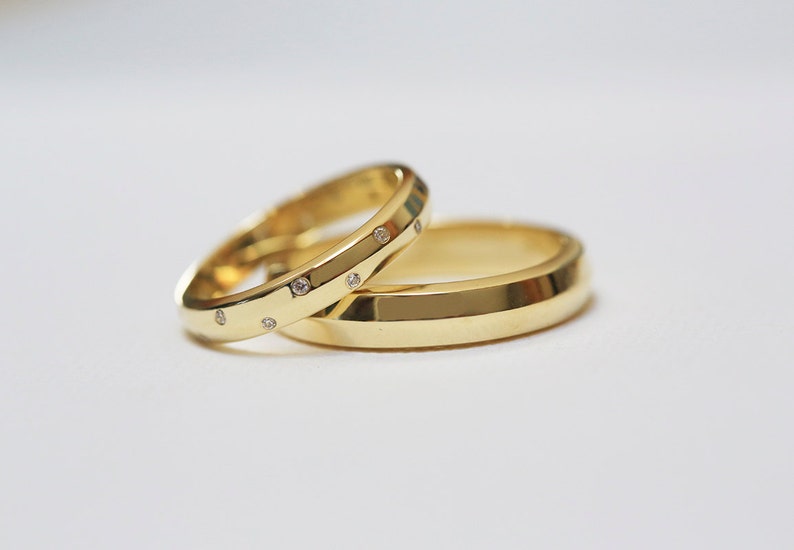 Gold Diamond Wedding Ring Set For Her & Him in 14k or 18k Gold, 3mm and 4mm Wide Bands, Anniversary Rings image 1