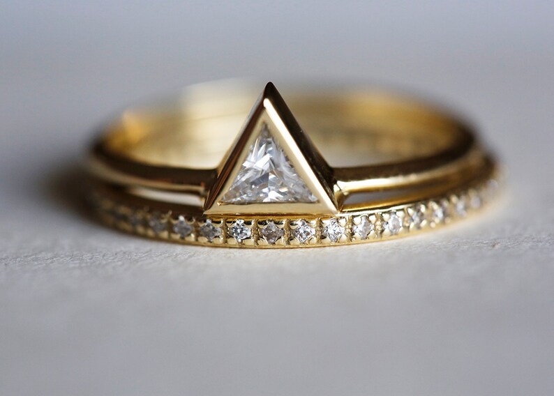 Diamond Wedding Ring Set With Trillion Diamond, Wedding Eternity Ring, Trillion Diamond Set, Yellow Gold Wedding Ring Set image 2