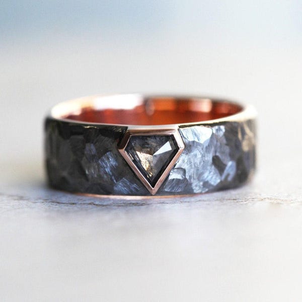 Hammered Black Rhodium Ring: Unisex Shield Salt Pepper Diamond Band