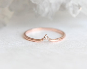 Curved Wedding Band with Tiny Diamonds, 14k or 18k Solid Gold