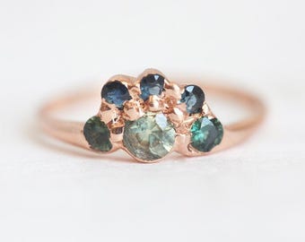 Handcrafted Teal Sapphire Ring: 14k Rose Gold Engagement Ring