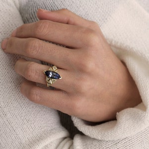 Art deco Tanzanite Engagement ring, Tanzanite diamond ring, Unique trillion diamond ring image 7