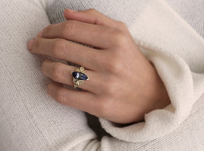 Art deco Tanzanite Engagement ring, Tanzanite diamond ring, Unique trillion diamond ring image 7