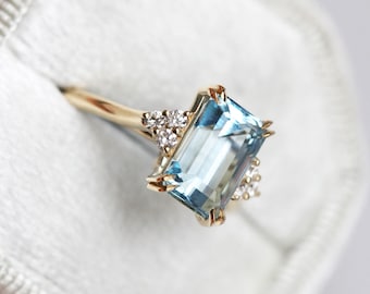 Aquamarine engagement ring, Emerald cut aquamarine & diamond ring, Large blue stone ring, 14k gold ring